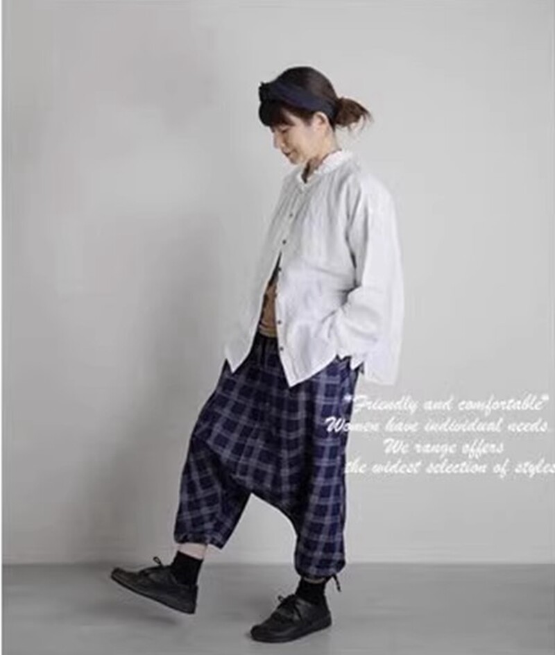 潮帅春夏日系2024新款松紧腰格子掉档裤哈伦九分裤牛仔裤女