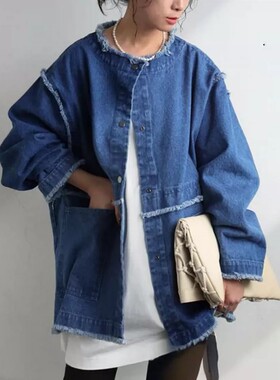 日本贵牌宽松圆领毛边牛仔外套女