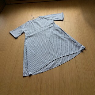 仅一件清货日系文艺蓝白竖条纹A字连衣裙女宽松百搭短袖衬衫裙