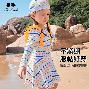 deideiup2025夏女童长袖长裙连体泳衣裙印花露背防晒沙滩玩水装备