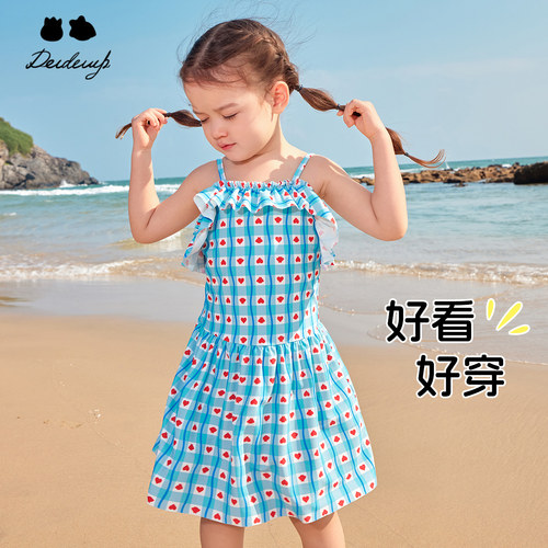 女童吊带连衣裙格子爱心印花裙
