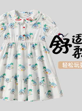 allolugh2025春夏女童短袖连衣裙纯棉亲肤娃娃领卡通印花柔软裙子