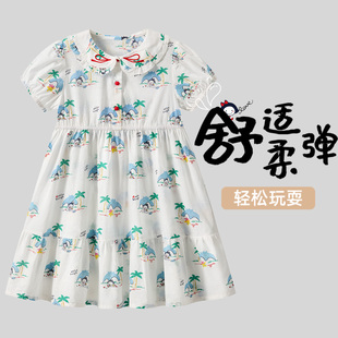 allolugh2025春夏女童短袖连衣裙纯棉亲肤娃娃领卡通印花柔软裙子