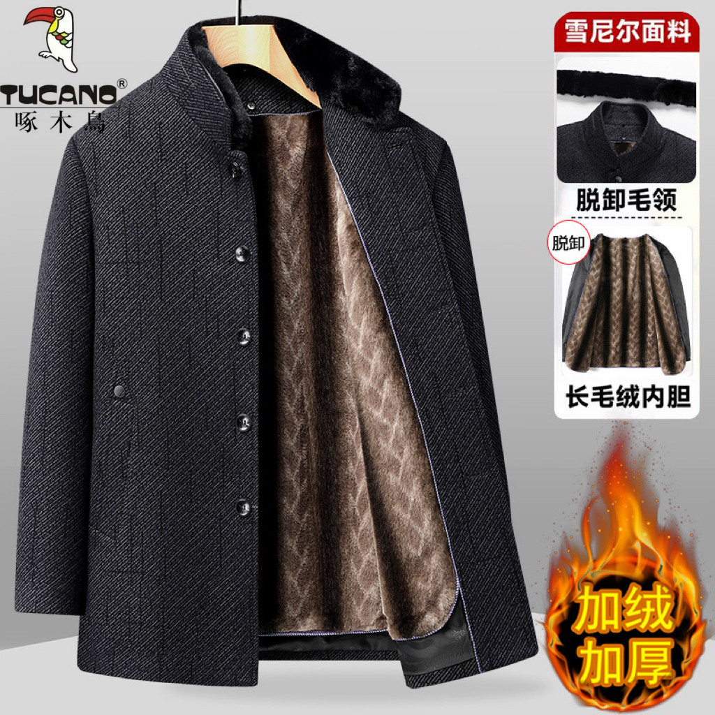 啄木鸟【内胆可脱卸】冬季男士加绒加厚中长款棉衣中老年保暖外套,男装,毛呢大衣,淘宝优惠券,粉丝福利购,淘宝优惠卷