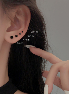 Z小姐925纯银黑色光珠耳钉2025年新款潮养耳洞睡觉不用摘情侣耳饰