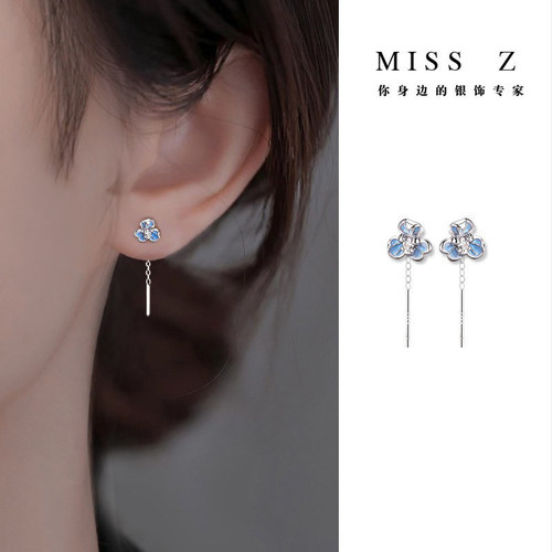 Z小姐999银针蓝色花朵耳线女