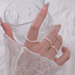 Z小姐925纯银施家珍珠戒指小众高级感叠戴素圈指环轻奢串珠食指戒