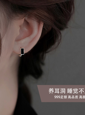 Z小姐999足银黑色方块耳扣纯银耳饰2024新款爆款港式复古耳环男女