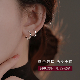 Z小姐999纯银扭曲小耳扣耳环2023新款 养耳洞耳钉睡觉免摘耳圈 爆款