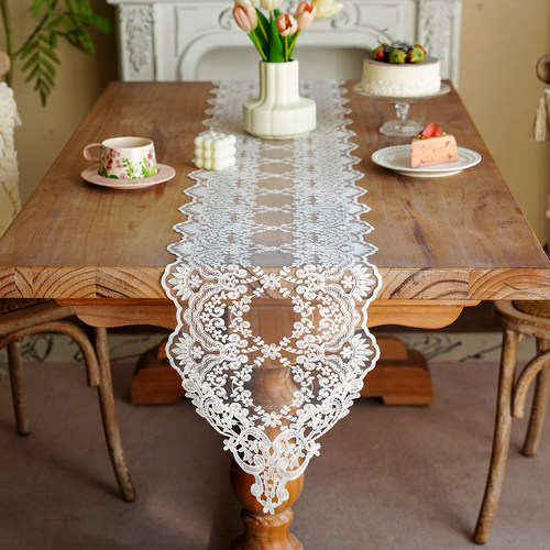 法式轻奢镂空白色餐桌旗长条桌布