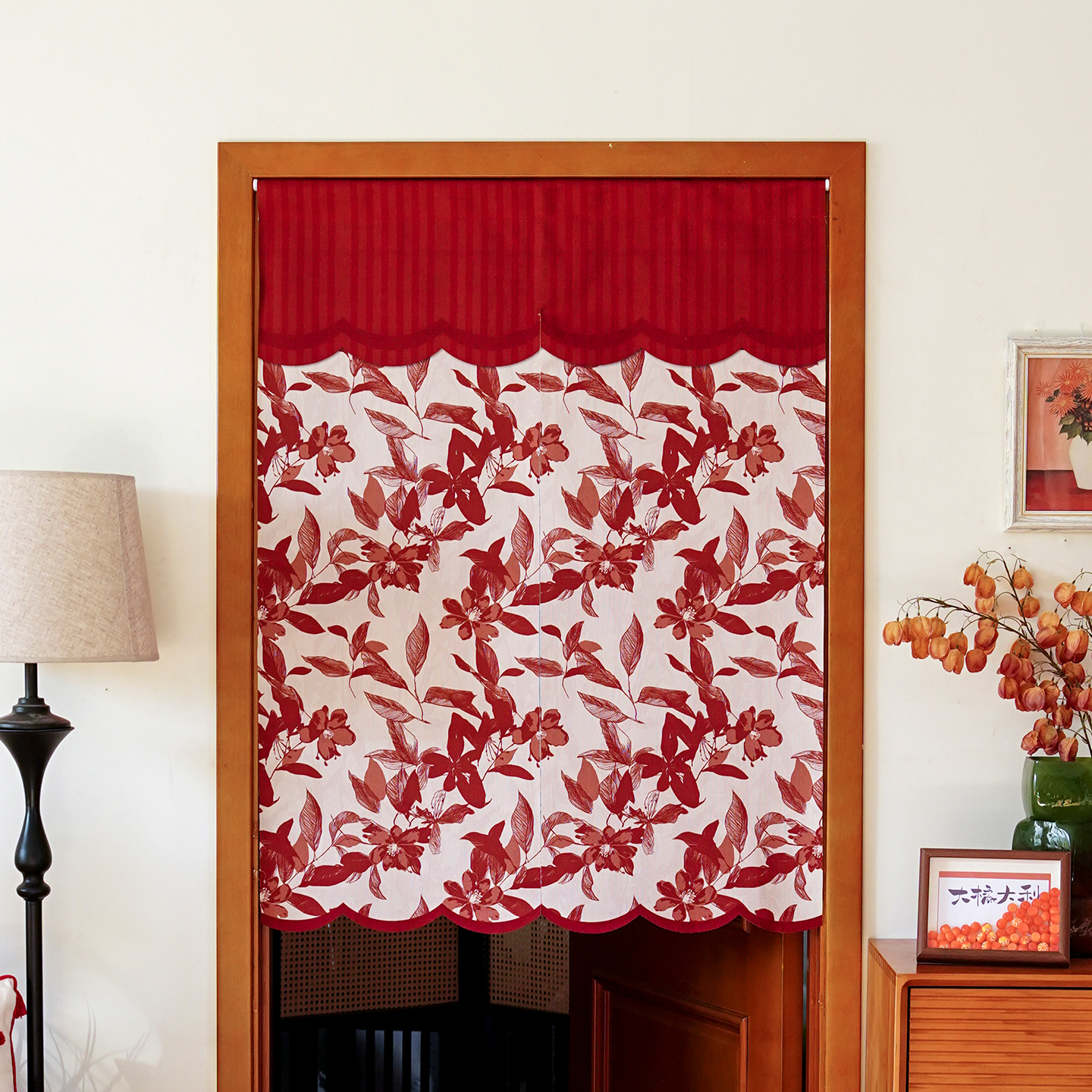 红色花卉复古半帘家用卧室隔断帘