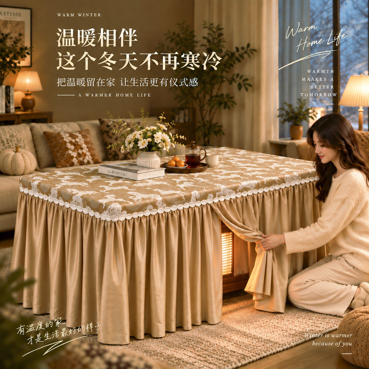 美式轻奢烤火桌罩高档绒布电炉罩套客厅家用餐桌布冬季取暖烤火被