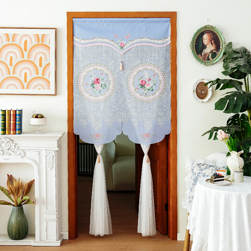 韩式氛围感门帘蕾丝印花免打孔隔断帘四季通用卧室防隐私纱帘挂帘