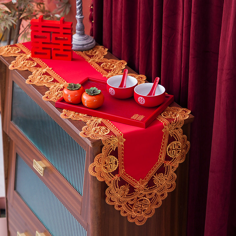 桌旗结婚红色喜庆长条桌布蕾丝轻奢婚礼装饰布床旗斗柜电视柜盖布