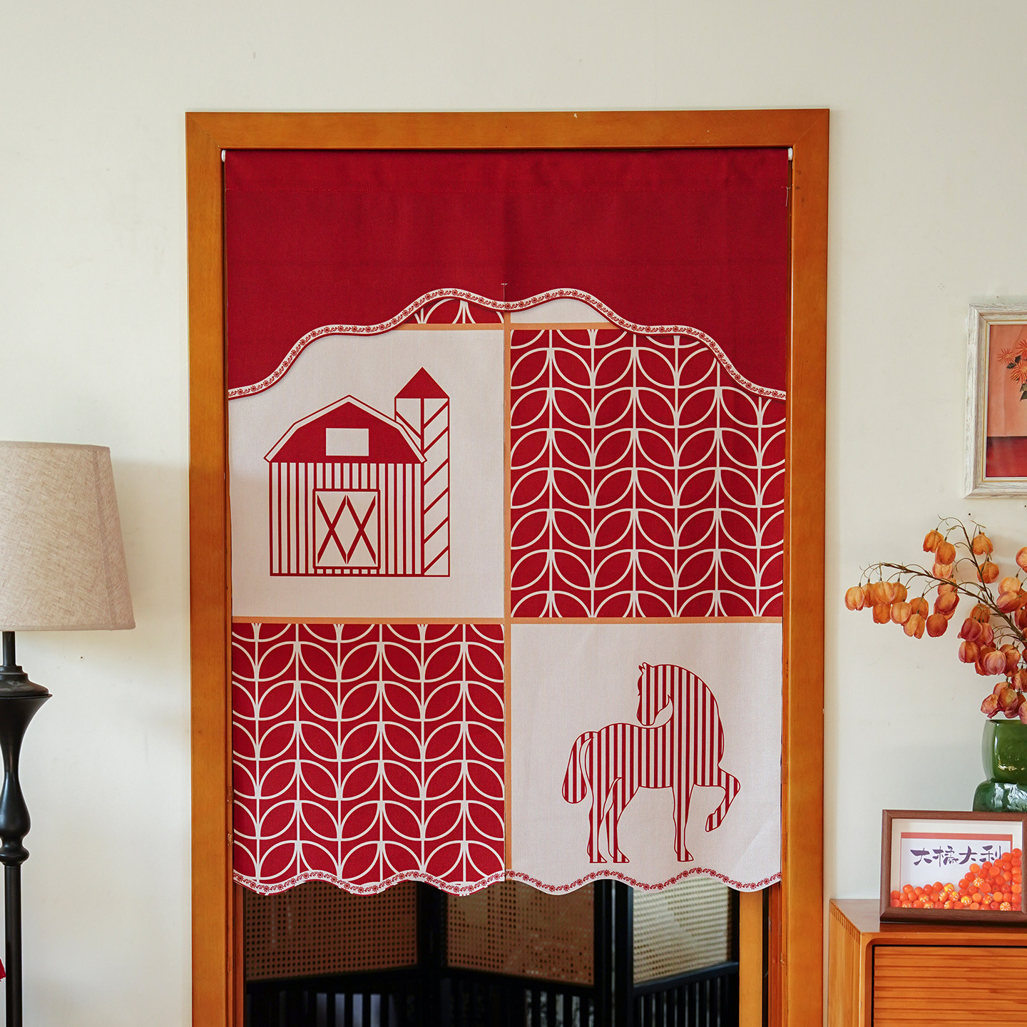 美式轻奢马年门帘红色免打孔半帘