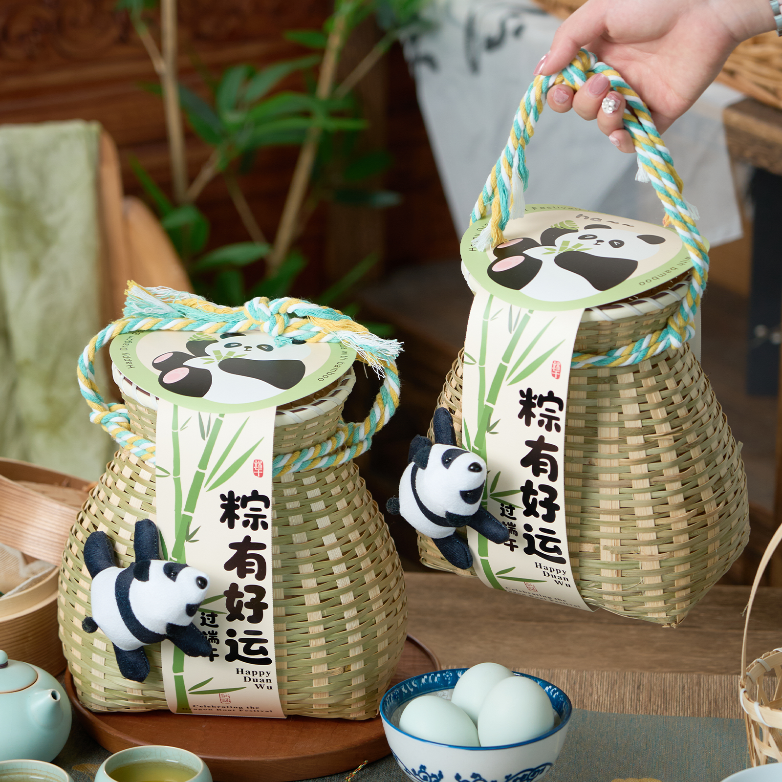 端午节手提粽子茶篓编织篮咸鸭蛋礼品包装空盒实用中式竹编收纳篮