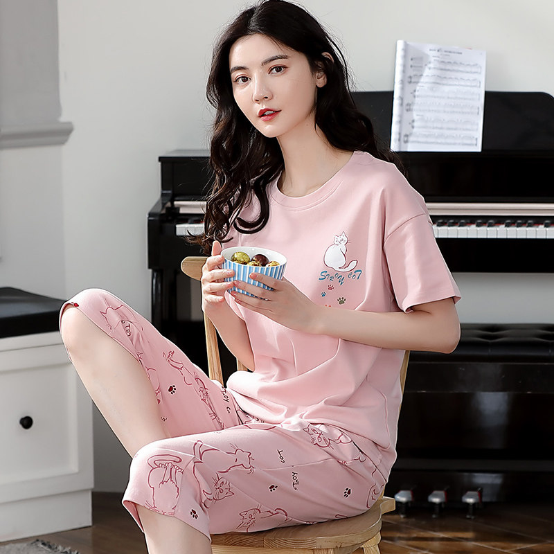 睡衣女款2026新款夏季纯棉女士短袖七分裤套装休闲家居服夏天外穿图片