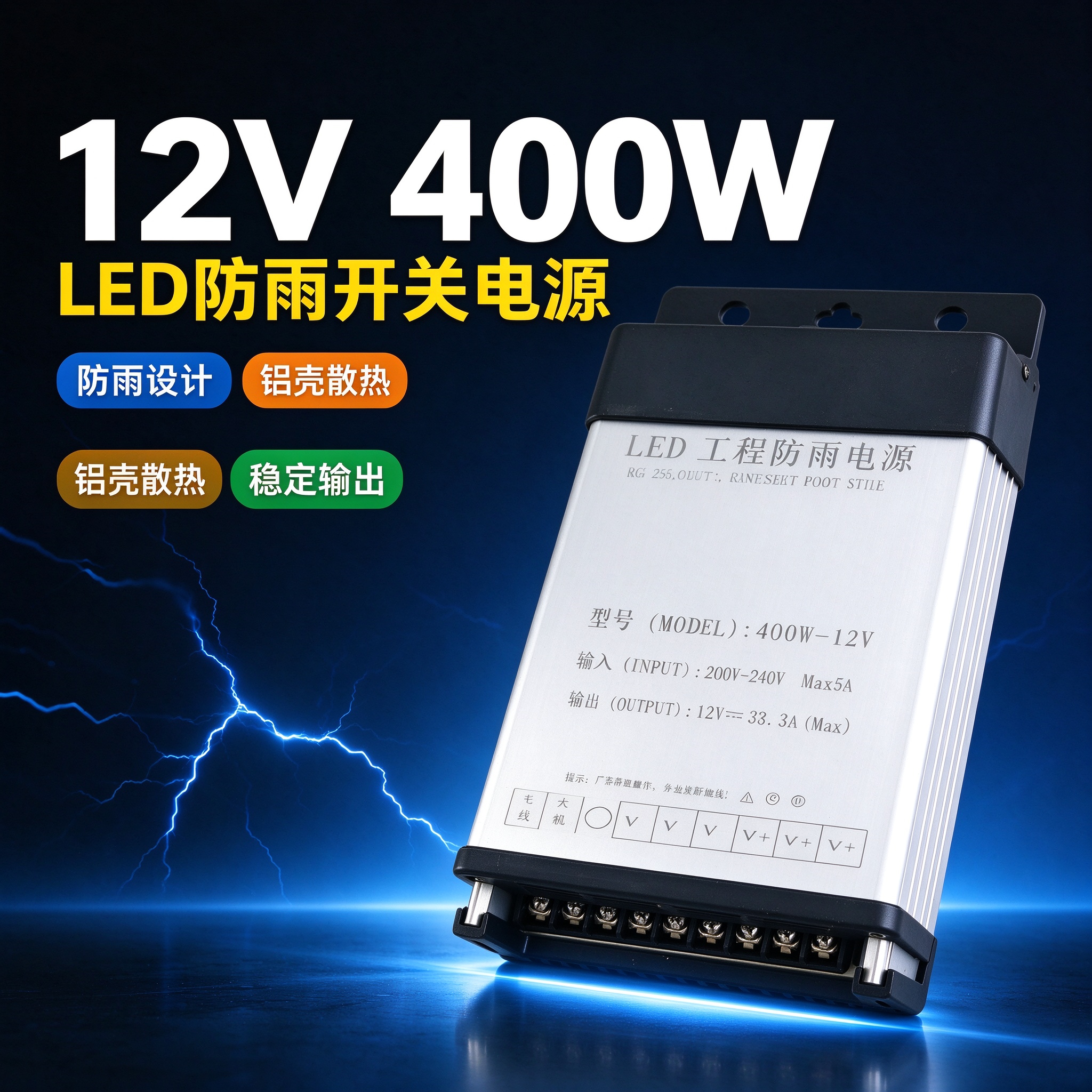 220V转变12V工程款400W电源变压器33aLED驱动器防雨开关电源散热