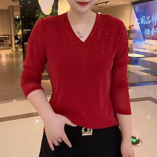 2026春季新款V领烫钻长袖T恤女双层网纱显瘦百搭打底衫妈妈装上衣