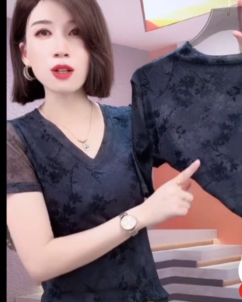 2024夏季新款时尚气质百搭显瘦网纱拼接短袖t恤女洋气减龄上衣潮