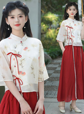 民国风年轻款少女唐装两件套夏新中式印花改良旗袍套装采耳茶艺服