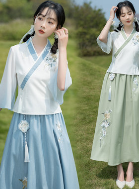 唐装女中国风改良汉服日常连衣裙 年轻旗袍V领上衣采耳茶艺服套装