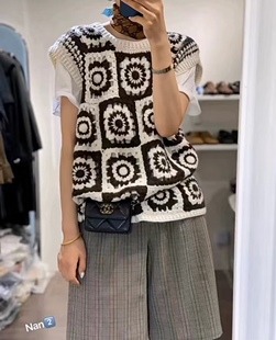 法式复古手工钩花针织背心黑白撞色 | 宽松无袖 | 叠穿神器