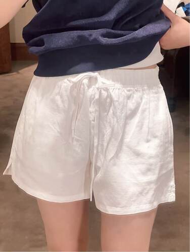 26夏季女装短裤拉~小马刺绣联名款抽绳短裤休闲显瘦棉麻混纺裤子