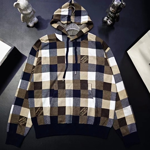高冷酷酷-秋季棋盘格针织提花字母连帽套头卫衣毛衫休闲男女同款