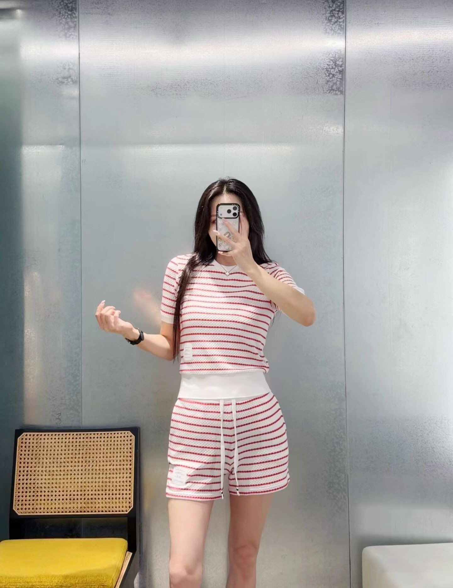 夏季新款条纹冰丝圆领针织衫短袖T恤女短款减龄修身薄款上衣+裤子