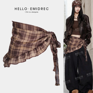 朋克嘻哈美式 复古辣妹街头爵士舞屁帘腰封叠穿格子腰带女宽三角巾