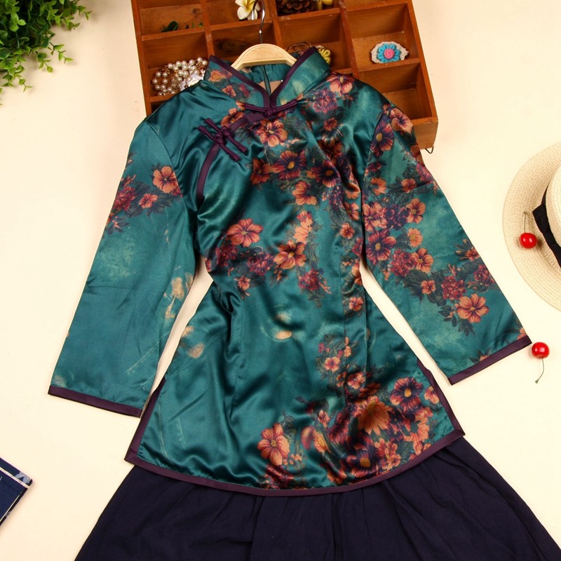 中国风仿丝禅意修身中袖复古绿色茶服改良中式夏季唐装旗袍上衣