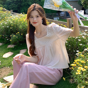 RM19706#夏季设计感镂空钩花套头上衣泡泡袖方领短袖衬衫女