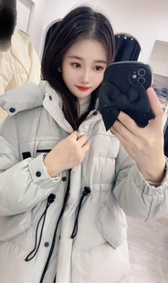 2026冬新款女装连帽抽绳收腰撞色中长款羽绒服宽松面包服外套上衣