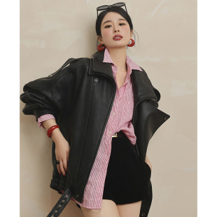 进口泡纹防真皮皮衣双层领廓形宽松大版 外套 机车皮夹克明星同款