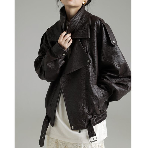 欧洲站2024秋冬季新款女装PH23套头翻领袖打皱宽松休闲简约风皮衣