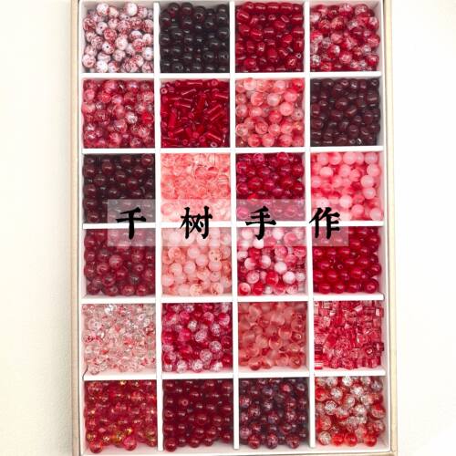 100颗新年红色琉璃珠子爆花玻璃圆珠diy手工串珠材料散珠手链配件