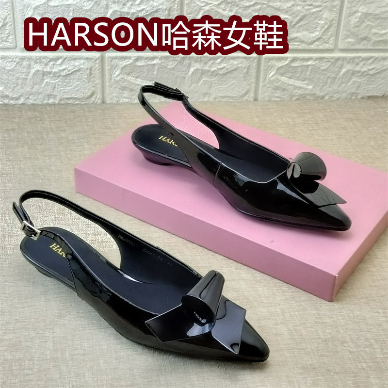 HARSON哈森正品牛漆皮尖头蝴蝶结后空凉鞋女低跟黑色百搭包头女鞋