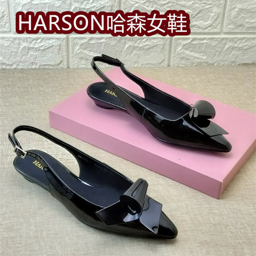 HARSON哈森正品牛漆皮尖头蝴蝶结后空凉鞋女低跟黑色百搭包头女鞋