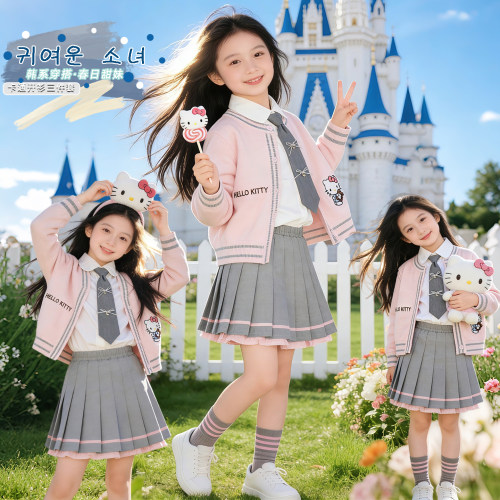 女童凯蒂猫学院风演出服春秋儿童毛衣衬衫格子裙三件套表演cos服
