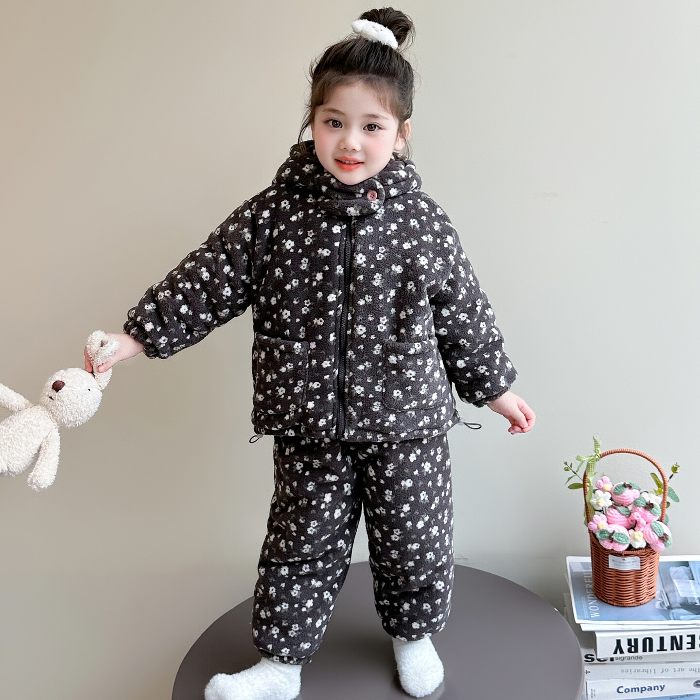 男女童三层加厚套装冬季新款女孩加绒加棉碎花休闲两件套宝宝棉衣
