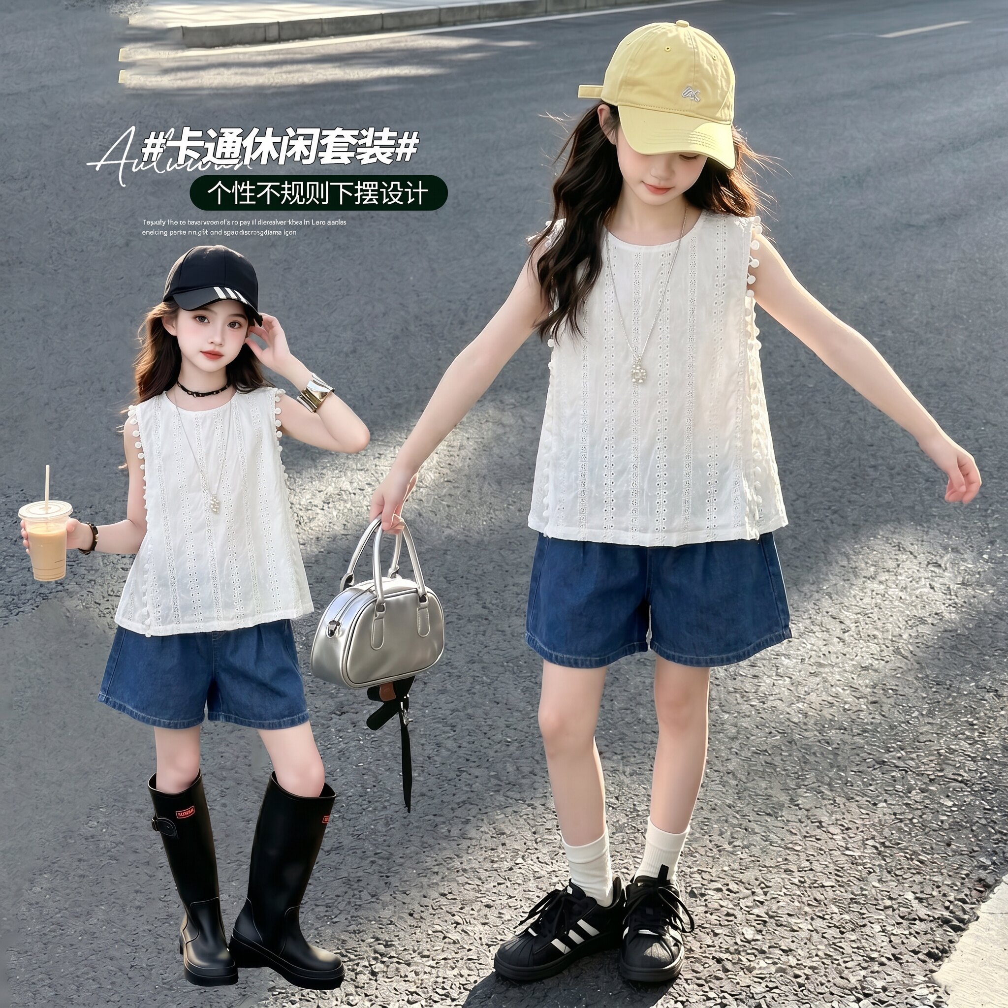 女童无袖上衣套装夏季新款儿童洋气韩版两件套女孩背心牛仔短裤潮