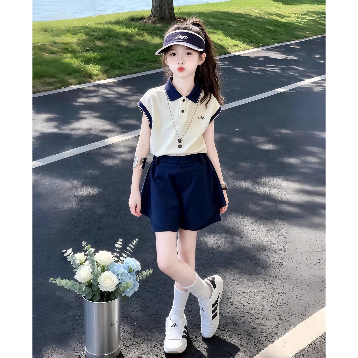 女童Polo衫套装夏季韩版女孩短袖短裤两件套中大童休闲童装衣服潮