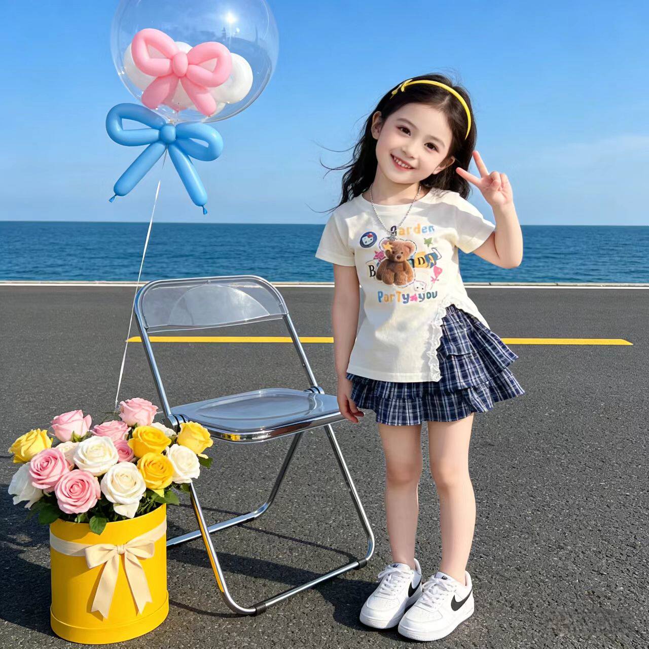 女童短袖袖娃娃领夏装小熊格子运动套装衫女孩可爱潮流卡通图案