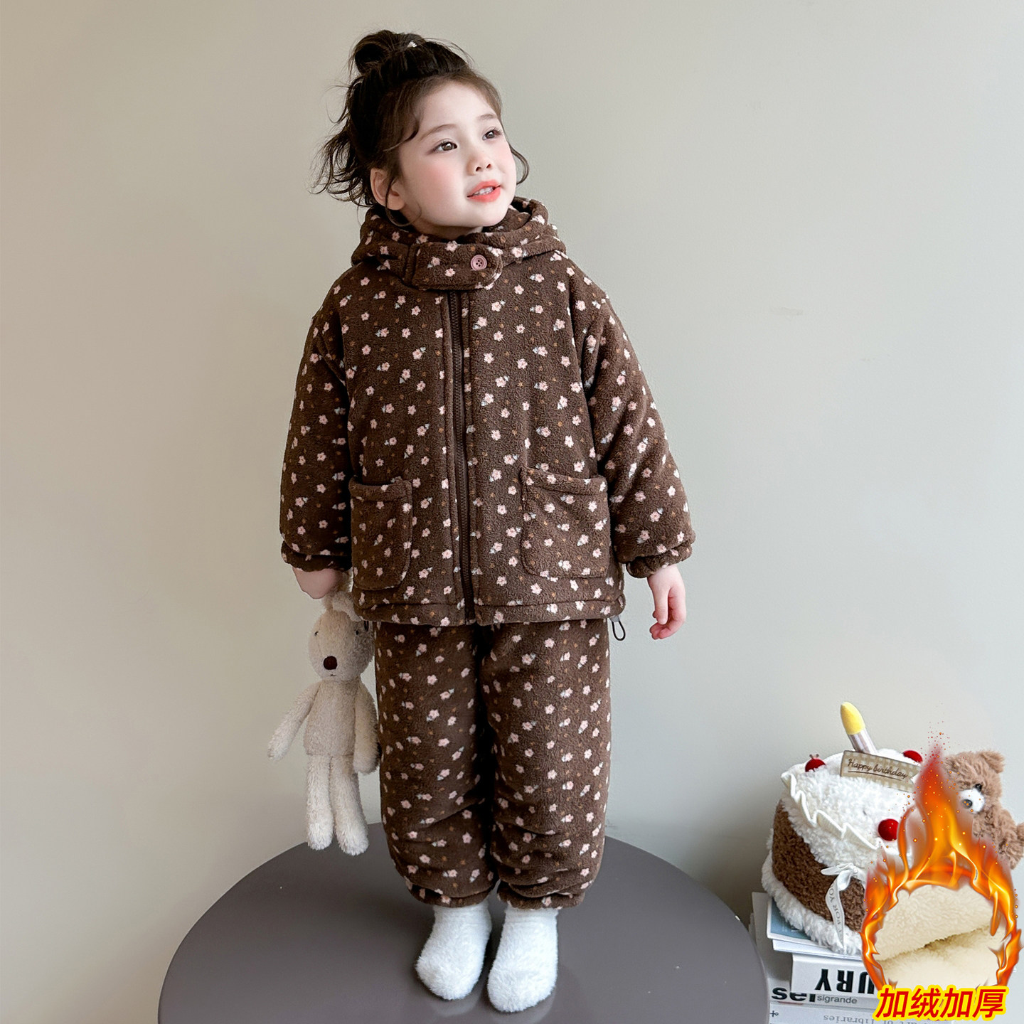 男女童三层加厚套装冬季新款女孩加绒加棉连帽休闲两件套宝宝棉衣