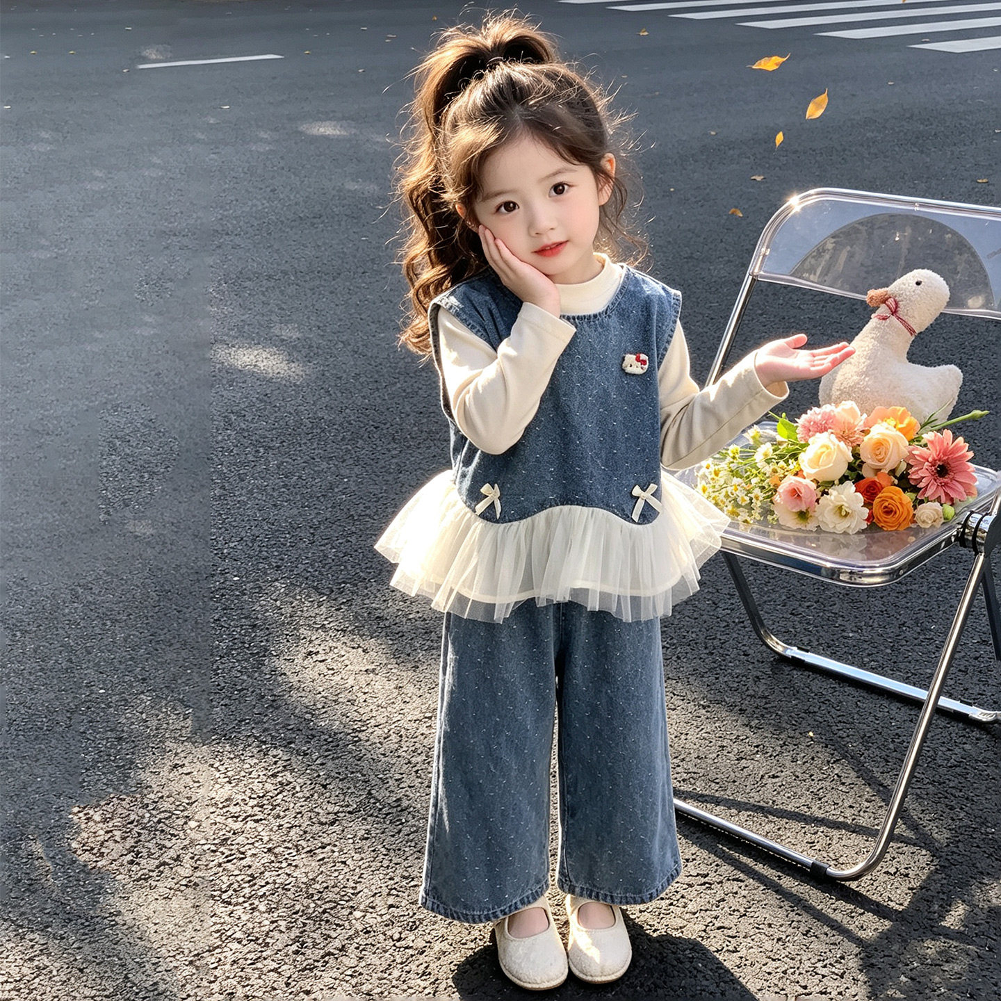 女童牛仔套装秋季韩版女孩2026新款三件套小童上衣休闲裤休闲