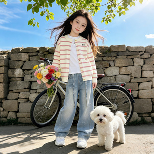 女童毛衣外套春秋新款儿童牛仔裤套装洋气女孩韩版针织开衫裤子潮