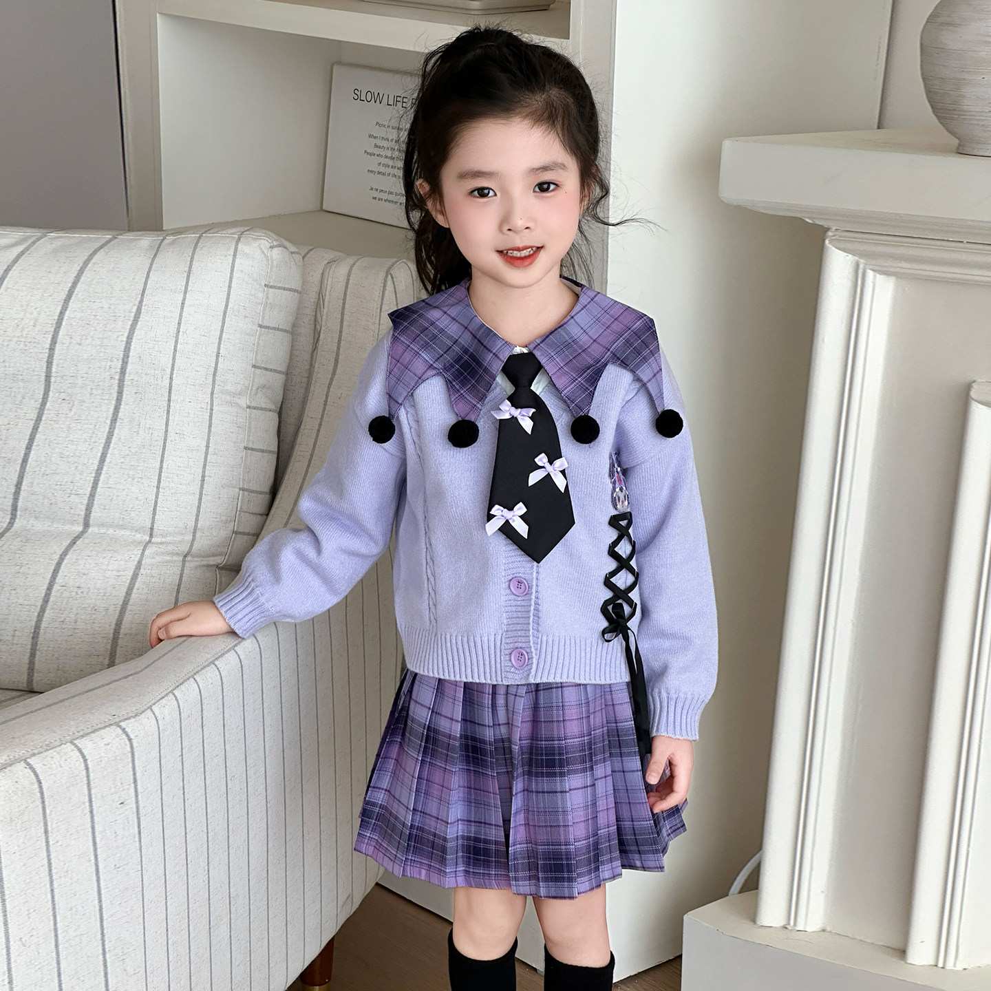 女童库洛米学院风演出服春秋儿童毛衣衬衫格子裙三件套表演cos服