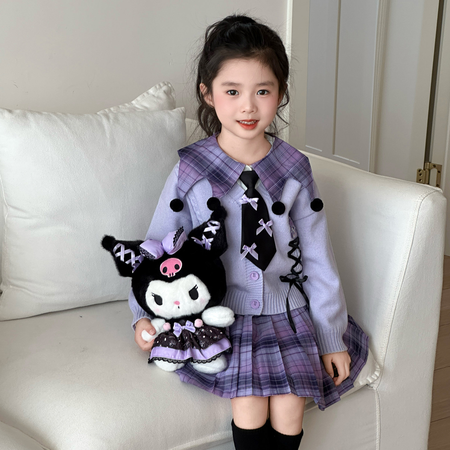 女童库洛米学院风演出服春秋儿童毛衣衬衫格子裙三件套表演cos服