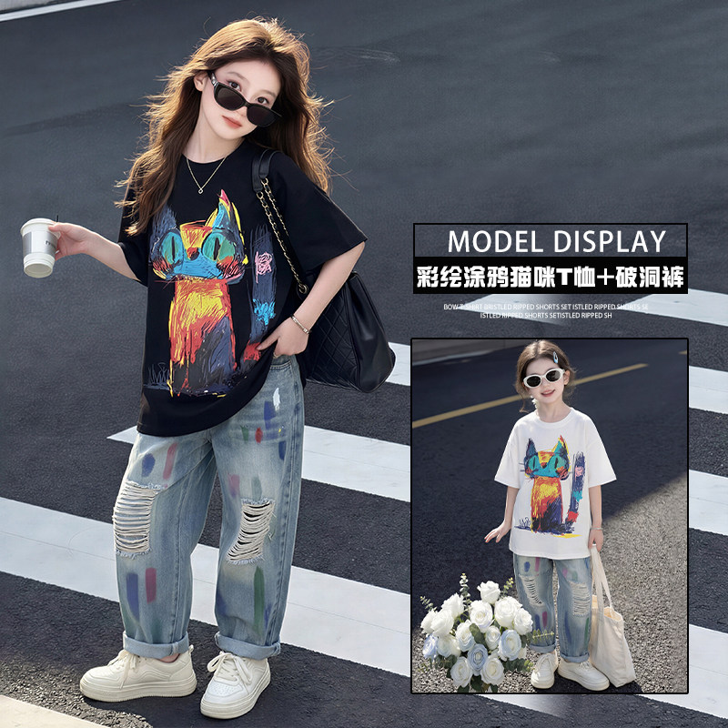 女童短袖T恤牛仔裤套装夏季儿童薄款上衣两件套女孩休闲裤衣服